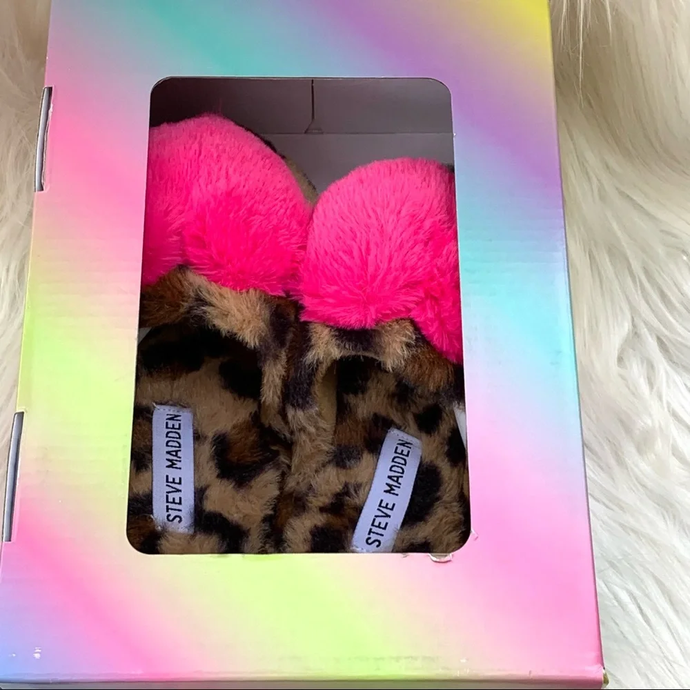 Steve Madden Girls Slippers Faux Fur Leopard & Pink Heart Slippers Youth XS